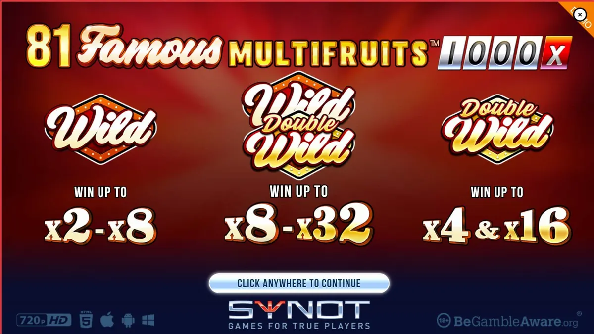 Interface vibrante e colorida da slot 81 Famous Multifruits 1000 com símbolos clássicos de frutas e neons.